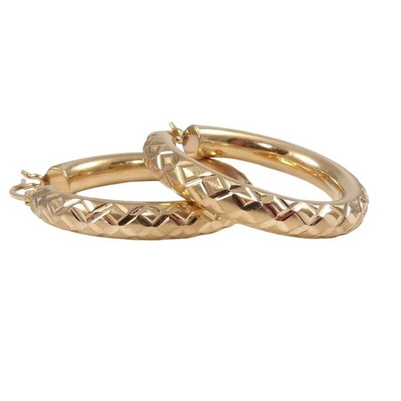 Solid 14K Yellow Gold Diamond Cut 29mm Puffy Hoop Earrings